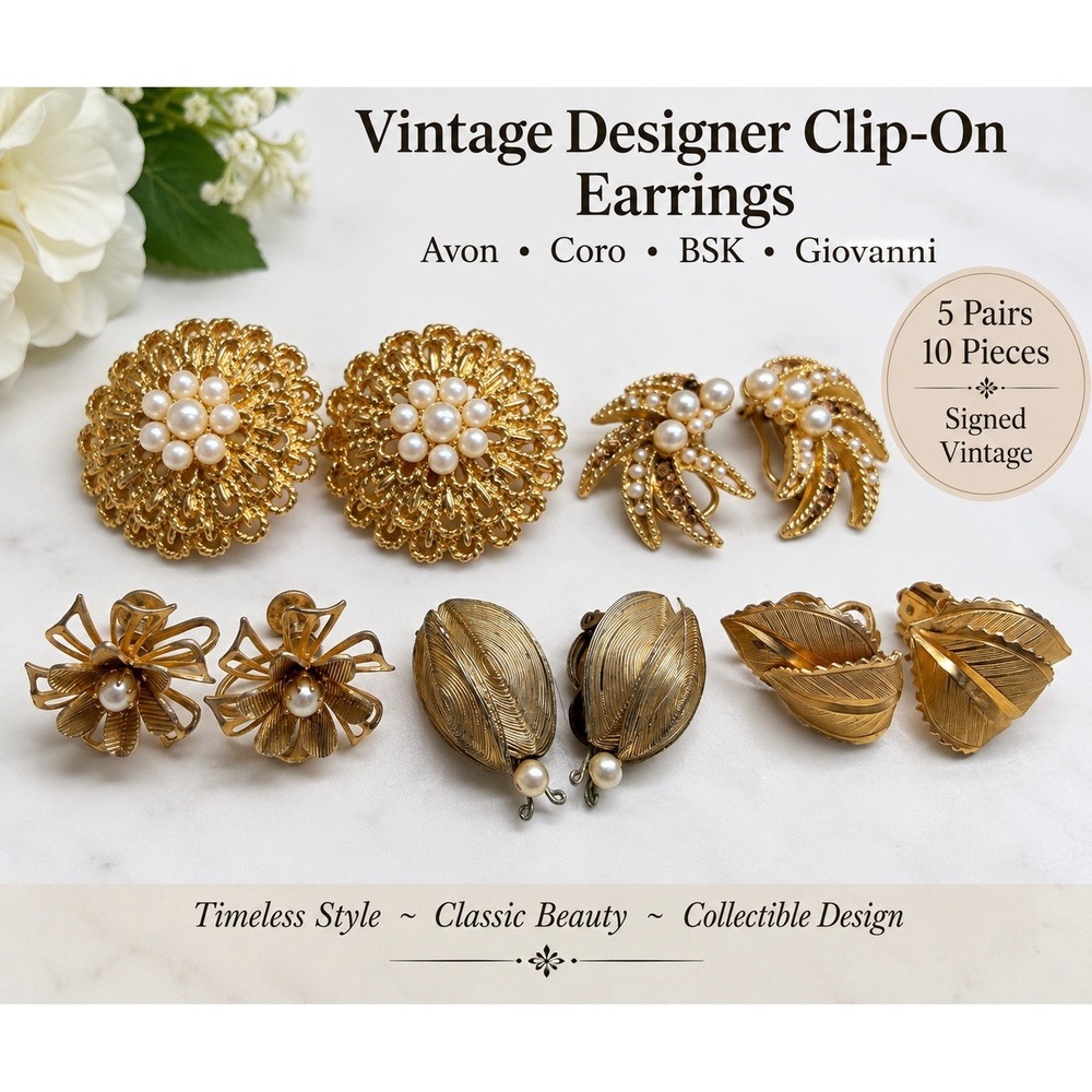 Vintage Clip On Earrings Lot 5 Pairs Avon Coro BSK Giovanni Faux Pearl Gold Tone
